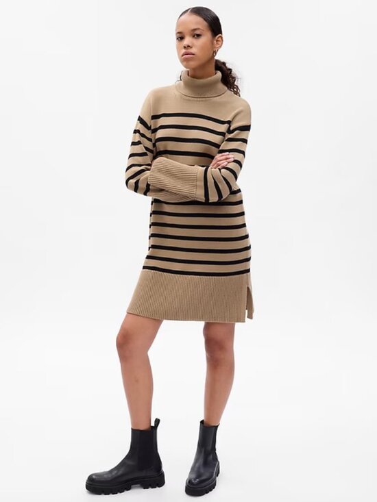 GAP Dresses & Skirts - Gap Stripe Mini Sweater Dress – Camel Tan & Black – 100% Cotton – Size M – NWT